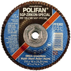 PFERD - 40 Grit, 5" Disc Diam, 5/8-11 Center Hole, Type 29 Zirconia Alumina Flap Disc - 12,200 Max RPM, Fiberglass Backing, Arbor Attaching System, Coated - Exact Tool & Supply