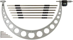 Mitutoyo - 6 Anvil, Electronic, 18 to 24 Inch Range, Carbide Face Interchangeable Anvil Micrometer - Ratchet Stop Thimble, 0.0001 Inch Resolution, 0.000160 0.00016 + 0.00004 (L/3) Inch Accuracy, SR44 Battey, Includes 6 Anvils and Fitted Wooden Case - Exact Tool & Supply