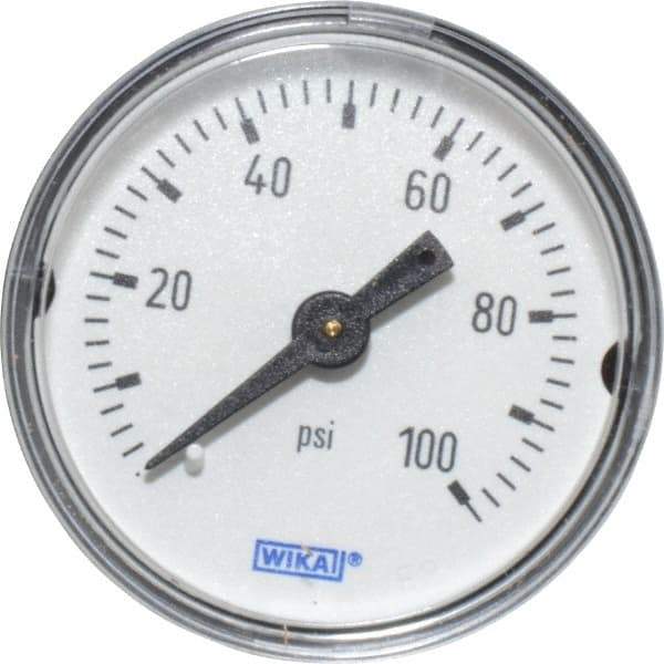 Wika - 1-1/2" Dial, 1/8 Thread, 0-100 Scale Range, Pressure Gauge - Center Back Connection Mount, Accurate to 3-2-3% of Scale - Exact Tool & Supply