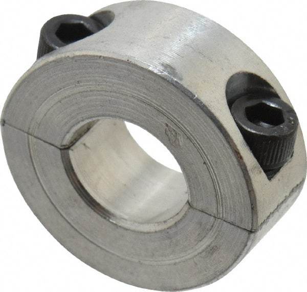 Climax Metal Products - 7/16" Bore, Aluminum, Two Piece Two Piece Split Shaft Collar - 15/16" Outside Diam, 3/8" Wide - Exact Tool & Supply
