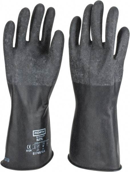 North - Size XL (10), 14" Long, 17 mil Thick, Butyl Chemical Resistant Gloves - Textured Finish, Rolled Cuff, Black - Exact Tool & Supply