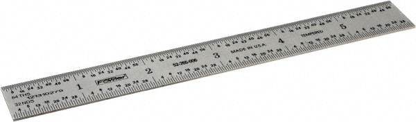 Fowler - 6" Long, 1/64, 1/32" and 0.5, 1mm Graduation, Rigid Steel Rule - English/Metric Graduation Style, Silver - Exact Tool & Supply