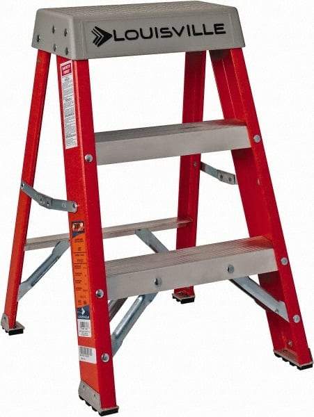 Louisville - 2 Steps, 2' High, Type IA Rating, Fiberglass Step Ladder - 300 Lb Capacity, 17" Base Width - Exact Tool & Supply