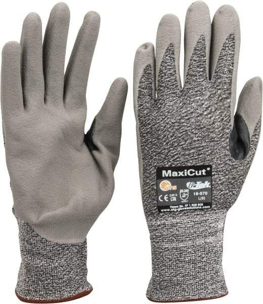 ATG - Size L (9), ANSI Cut Lvl A2, Abrasion Lvl 4, Nitrile Coated Cut Resistant Gloves - Palm & Fingers Coated, Nylon with Glass/Polyester/Lycra Lining, Knit Wrist, Gray/Green, Paired - Exact Tool & Supply