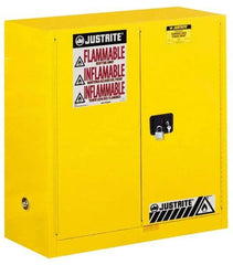 Justrite - 2 Door, 1 Shelf, Yellow Steel Standard Safety Cabinet for Flammable and Combustible Liquids - 44" High x 43" Wide x 18" Deep, Manual Closing Door, 3 Point Key Lock, 30 Gal Capacity - Exact Tool & Supply