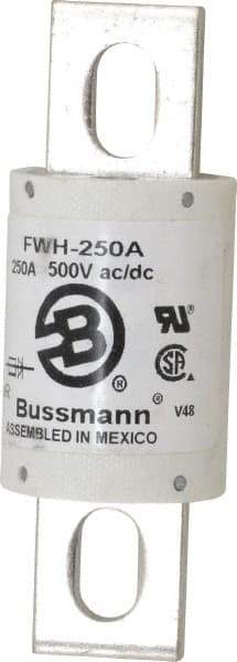 Cooper Bussmann - 500 VAC/VDC, 250 Amp, Fast-Acting Semiconductor/High Speed Fuse - Bolt-on Mount, 4-11/32" OAL, 200 (RMS Symmetrical), 50 at DC kA Rating, 1-1/2" Diam - Exact Tool & Supply