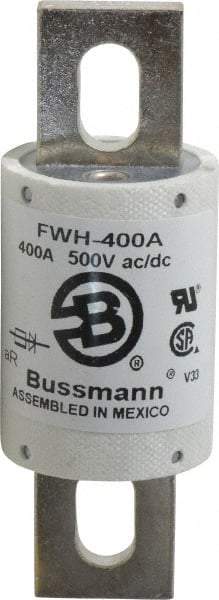 Cooper Bussmann - 500 VAC/VDC, 400 Amp, Fast-Acting Semiconductor/High Speed Fuse - Bolt-on Mount, 4-11/32" OAL, 200 (RMS Symmetrical), 50 at DC kA Rating, 1-1/2" Diam - Exact Tool & Supply
