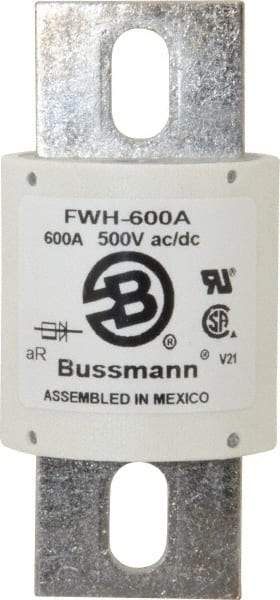 Cooper Bussmann - 500 VAC/VDC, 600 Amp, Fast-Acting Semiconductor/High Speed Fuse - Bolt-on Mount, 4-15/32" OAL, 200 (RMS Symmetrical), 50 at DC kA Rating, 2" Diam - Exact Tool & Supply