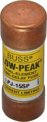 Cooper Bussmann - 300 VDC, 600 VAC, 15 Amp, Time Delay General Purpose Fuse - Fuse Holder Mount, 2-1/4" OAL, 100 at DC, 300 at AC (RMS) kA Rating, 13/16" Diam - Exact Tool & Supply