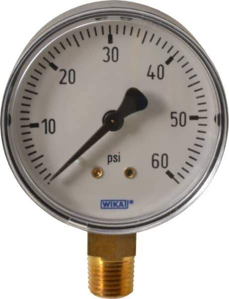 Wika - 2-1/2" Dial, 1/4 Thread, 0-60 Scale Range, Pressure Gauge - Lower Connection Mount, Accurate to 3-2-3% of Scale - Exact Tool & Supply