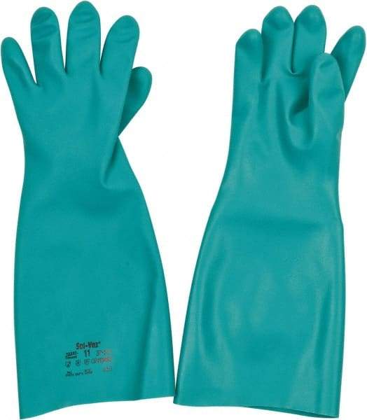 Ansell - Size 2XL (11), 18" Long, 22 mil Thick, Nitrile Chemical Resistant Gloves - Textured Finish, Straight Cuff, ANSI Abrasion Level 5, ANSI Cut Level 0, Green, FDA Approved - Exact Tool & Supply