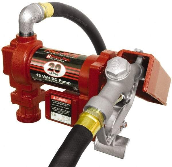 Tuthill - 20 GPM, 1" Hose Diam, DC High Flow Tank Pump with Manual Nozzle - 1" Inlet, 1" Outlet, 12 Volts, 12' Hose Length, 1/4 hp - Exact Tool & Supply