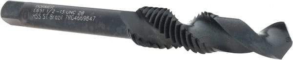 DORMER - 1/2-13 UNC, 114mm OAL, 0.4252" Drill Diam x 25mm Drill Length, Combination Drill & Tap - 2 Flutes, 29mm Thread Length, High Speed Steel, Oxide Finish, 2B - Exact Tool & Supply