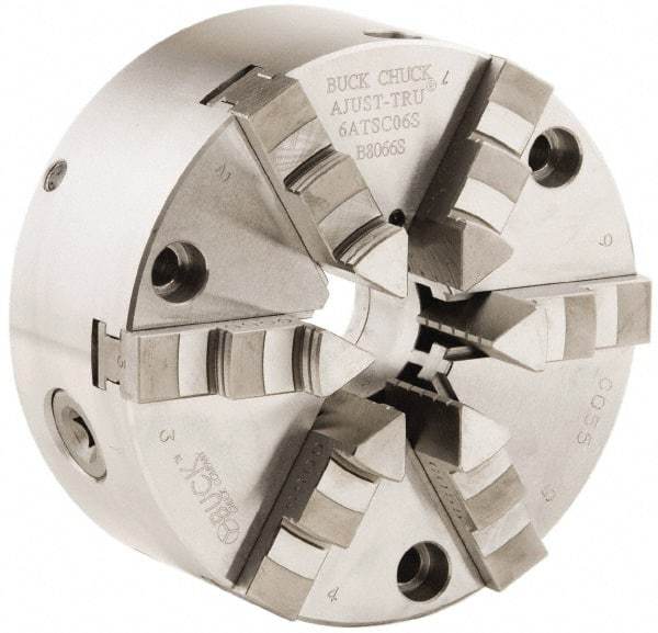 Buck Chuck Company - 6 Jaws, 8" Diam, Self Centering Manual Lathe Chuck - Front Mount, Adjustable, 3,000 Max RPM, 2.37" Through Hole Diam, Forged Steel - Exact Tool & Supply