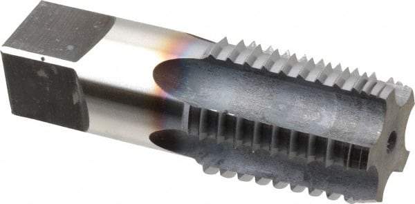 Hertel - 1 - 11-1/2 NPT, 5 Flutes, TiCN Coated, High Speed Steel, Interrupted Thread Pipe Tap - 1-1/8 Inch Shank Diameter, 1-1/8 Inch Shank Diameter, 1-3/4 Inch Thread Length, 0.84 Inch Square Size, Regular Hook - Exact Tool & Supply