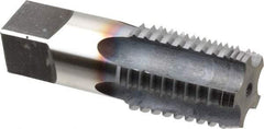Hertel - 1 - 11-1/2 NPT, 5 Flutes, TiCN Coated, High Speed Steel, Interrupted Thread Pipe Tap - 1-1/8 Inch Shank Diameter, 1-1/8 Inch Shank Diameter, 1-3/4 Inch Thread Length, 0.84 Inch Square Size, Regular Hook - Exact Tool & Supply