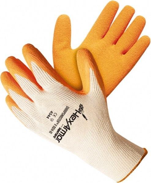 HexArmor - Size S (7), ANSI Cut Lvl A9, Puncture Lvl 5, Natural Rubber Latex Coated Cotton/SuperFabric Cut Resistant Gloves - 9.84" Long, Palm & Knuckles Coated, SuperFabric Lining, Knit Wrist, White/Orange, Paired - Exact Tool & Supply