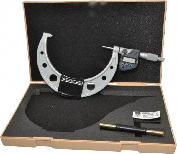 Mitutoyo - 5 to 6 Inch Range, 0.0001 Inch Resolution, Standard Throat, IP65 Electronic Outside Micrometer - 0.0001 Inch Accuracy, Ratchet Stop Thimble, Carbide Face, SR44 Battery, Data Output - Exact Tool & Supply
