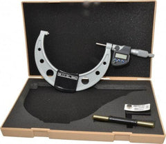 Mitutoyo - 5 to 6 Inch Range, 0.0001 Inch Resolution, Standard Throat, IP65 Electronic Outside Micrometer - 0.0001 Inch Accuracy, Ratchet Stop Thimble, Carbide Face, SR44 Battery, Data Output - Exact Tool & Supply