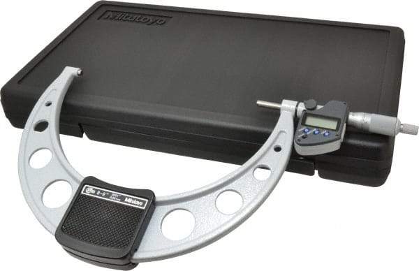 Mitutoyo - 8 to 9 Inch Range, 0.0001 Inch Resolution, Standard Throat, IP65 Electronic Outside Micrometer - 0.0002 Inch Accuracy, Ratchet Stop Thimble, Carbide Face, SR44 Battery, Data Output, Includes Certification of Inspection and Wooden Box - Exact Tool & Supply
