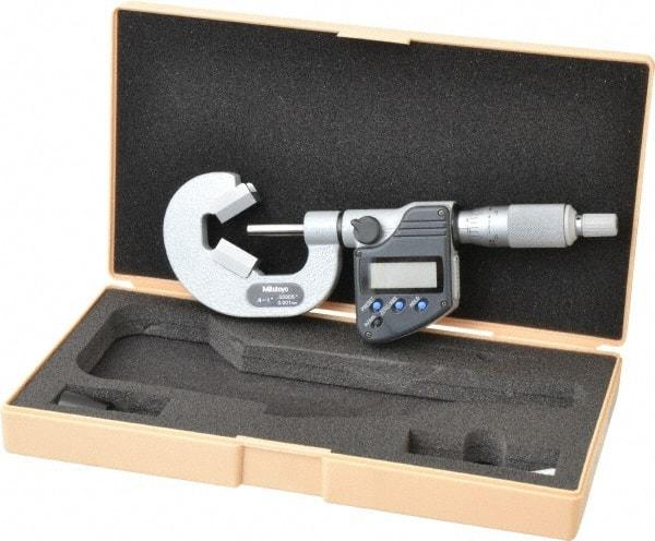Mitutoyo - 0.4 to 1 Inch Measurement, Accuracy Up to 4 micro m, 3 Flutes Measured, Ratchet Stop Thimble, Electronic V Anvil Micrometer - 0.0001 Inch Resolution, Carbide, Data Output, SR44 Battery - Exact Tool & Supply