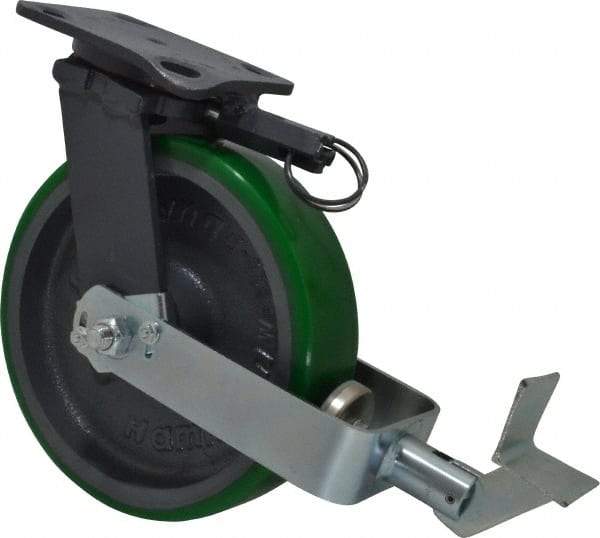 Hamilton - 8" Diam x 2" Wide x 9-1/2" OAH Top Plate Mount Swivel Caster with Brake - Polyurethane, 1,500 Lb Capacity, Precision Sealed Bearing, 4 x 5" Plate - Exact Tool & Supply