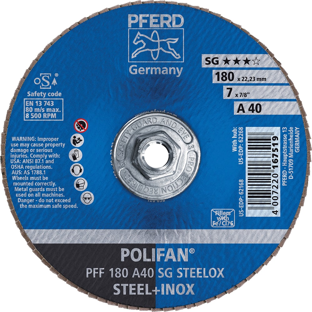 PFERD - Flap Discs; Abrasive Type: Coated ; Flap Disc Type: Type 27 ; Disc Diameter (Inch): 7 ; Abrasive Material: Aluminum Oxide ; Grit: 40 ; Attaching System: Threaded Hole - Exact Tool & Supply