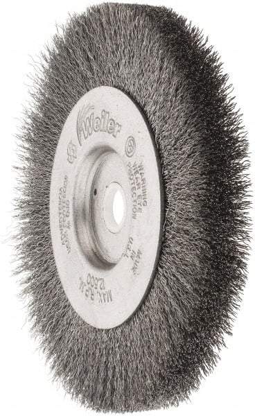 Weiler - 4" OD, 1/2" Arbor Hole, Crimped Steel Wheel Brush - 1/2" Face Width, 7/8" Trim Length, 0.006" Filament Diam, 12,500 RPM - Exact Tool & Supply