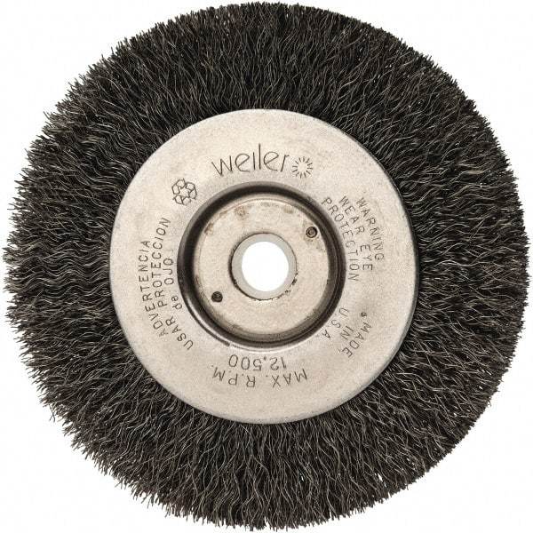 Weiler - 4" OD, 1/2" Arbor Hole, Crimped Steel Wheel Brush - 1/2" Face Width, 7/8" Trim Length, 0.008" Filament Diam, 12,500 RPM - Exact Tool & Supply