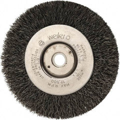 Weiler - 4" OD, 1/2" Arbor Hole, Crimped Steel Wheel Brush - 1/2" Face Width, 7/8" Trim Length, 0.008" Filament Diam, 12,500 RPM - Exact Tool & Supply
