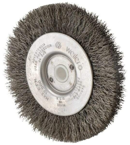 Weiler - 4" OD, 1/2" Arbor Hole, Crimped Steel Wheel Brush - 1/2" Face Width, 7/8" Trim Length, 0.0095" Filament Diam, 12,500 RPM - Exact Tool & Supply