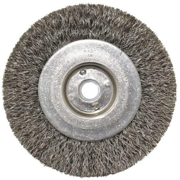 Weiler - 4" OD, 1/2" Arbor Hole, Crimped Steel Wheel Brush - 1/2" Face Width, 7/8" Trim Length, 0.0118" Filament Diam, 12,500 RPM - Exact Tool & Supply