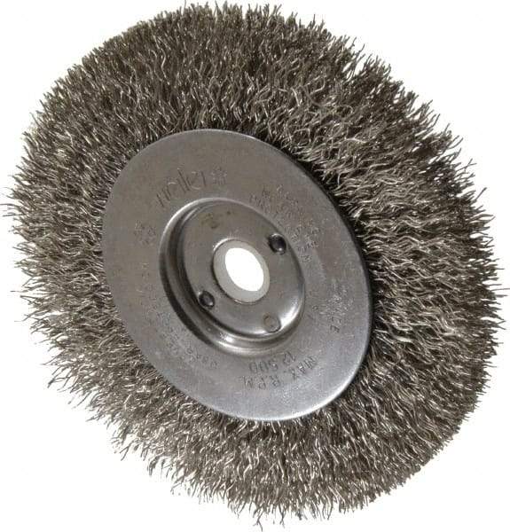 Weiler - 4" OD, 1/2" Arbor Hole, Crimped Stainless Steel Wheel Brush - 1/2" Face Width, 7/8" Trim Length, 0.0118" Filament Diam, 12,500 RPM - Exact Tool & Supply