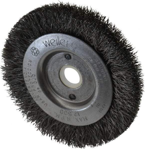 Weiler - 3" OD, 1/2" Arbor Hole, Crimped Steel Wheel Brush - 7/16" Face Width, 1/2" Trim Length, 0.008" Filament Diam, 12,500 RPM - Exact Tool & Supply