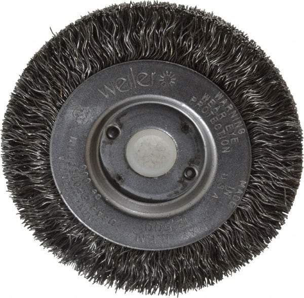 Weiler - 3" OD, 1/2" Arbor Hole, Crimped Steel Wheel Brush - 7/16" Face Width, 1/2" Trim Length, 0.0118" Filament Diam, 12,500 RPM - Exact Tool & Supply