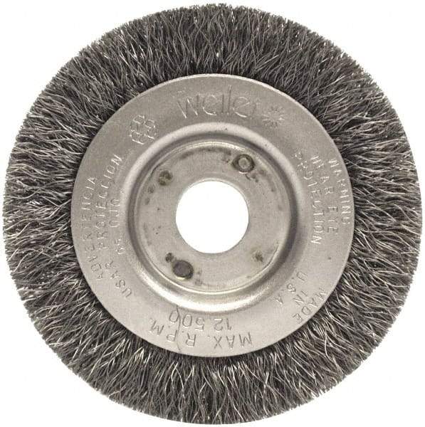Weiler - 3" OD, 1/2" Arbor Hole, Crimped Steel Wheel Brush - 7/16" Face Width, 1/2" Trim Length, 0.014" Filament Diam, 12,500 RPM - Exact Tool & Supply