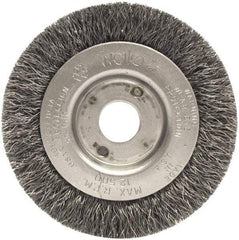 Weiler - 3" OD, 1/2" Arbor Hole, Crimped Steel Wheel Brush - 7/16" Face Width, 1/2" Trim Length, 0.014" Filament Diam, 12,500 RPM - Exact Tool & Supply