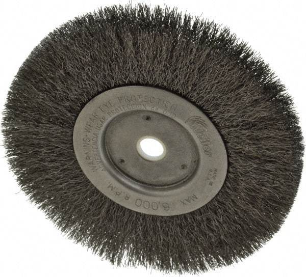 Weiler - 6" OD, 5/8" Arbor Hole, Crimped Steel Wheel Brush - 1/2" Face Width, 1-7/16" Trim Length, 0.008" Filament Diam, 6,000 RPM - Exact Tool & Supply