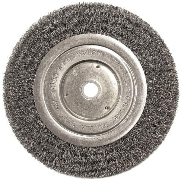 Weiler - 6" OD, 5/8" Arbor Hole, Crimped Steel Wheel Brush - 1/2" Face Width, 1-1/16" Trim Length, 0.0118" Filament Diam, 6,000 RPM - Exact Tool & Supply
