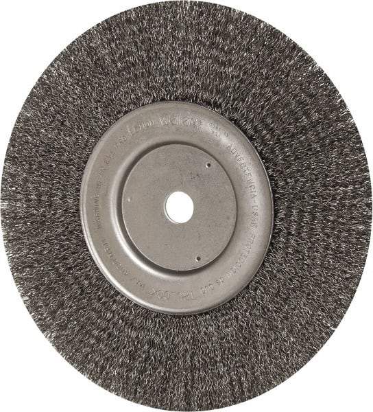 Weiler - 10" OD, 3/4" Arbor Hole, Crimped Steel Wheel Brush - 3/4" Face Width, 2-1/2" Trim Length, 0.014" Filament Diam, 4,000 RPM - Exact Tool & Supply
