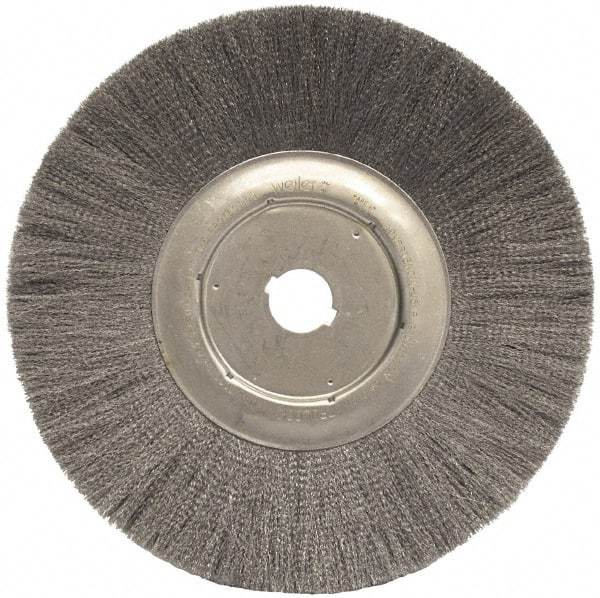 Weiler - 12" OD, 1-1/4" Arbor Hole, Crimped Steel Wheel Brush - 3/4" Face Width, 2-15/16" Trim Length, 0.006" Filament Diam, 3,000 RPM - Exact Tool & Supply