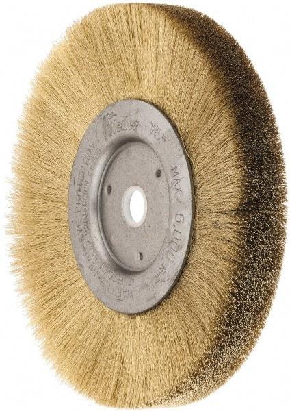 Weiler - 6" OD, 5/8" Arbor Hole, Crimped Brass Wheel Brush - 1/2" Face Width, 1-1/16" Trim Length, 0.005" Filament Diam, 6,000 RPM - Exact Tool & Supply