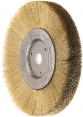 Weiler - 6" OD, 5/8" Arbor Hole, Crimped Brass Wheel Brush - 1/2" Face Width, 1-1/16" Trim Length, 0.005" Filament Diam, 6,000 RPM - Exact Tool & Supply