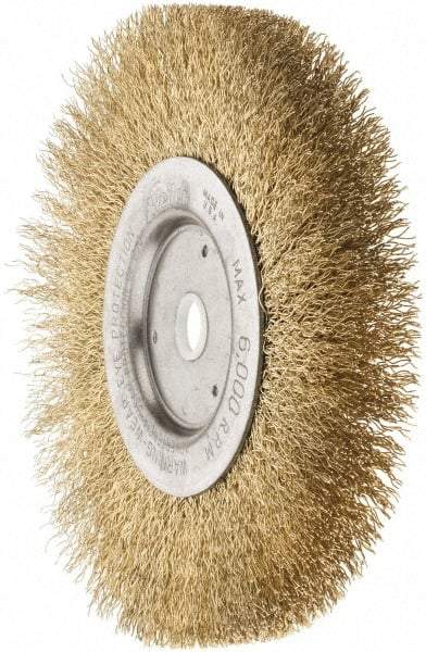 Weiler - 6" OD, 5/8" Arbor Hole, Crimped Brass Wheel Brush - 1/2" Face Width, 1-1/16" Trim Length, 0.0118" Filament Diam, 6,000 RPM - Exact Tool & Supply