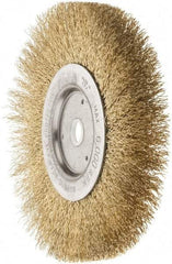 Weiler - 6" OD, 5/8" Arbor Hole, Crimped Brass Wheel Brush - 1/2" Face Width, 1-1/16" Trim Length, 0.0118" Filament Diam, 6,000 RPM - Exact Tool & Supply