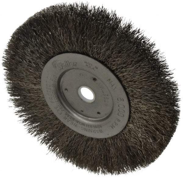 Weiler - 6" OD, 5/8" Arbor Hole, Crimped Stainless Steel Wheel Brush - 1/2" Face Width, 1-7/16" Trim Length, 0.0104" Filament Diam, 6,000 RPM - Exact Tool & Supply