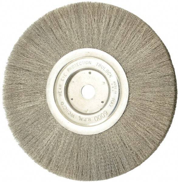 Weiler - 8" OD, 5/8" Arbor Hole, Crimped Stainless Steel Wheel Brush - 1/2" Face Width, 2-1/16" Trim Length, 0.006" Filament Diam, 6,000 RPM - Exact Tool & Supply