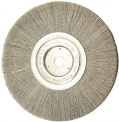 Weiler - 8" OD, 5/8" Arbor Hole, Crimped Stainless Steel Wheel Brush - 1/2" Face Width, 2-1/16" Trim Length, 0.006" Filament Diam, 6,000 RPM - Exact Tool & Supply