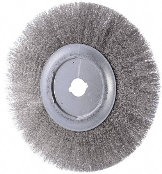 Weiler - 12" OD, 1-1/4" Arbor Hole, Crimped Stainless Steel Wheel Brush - 3/4" Face Width, 2-15/16" Trim Length, 0.0104" Filament Diam, 3,000 RPM - Exact Tool & Supply