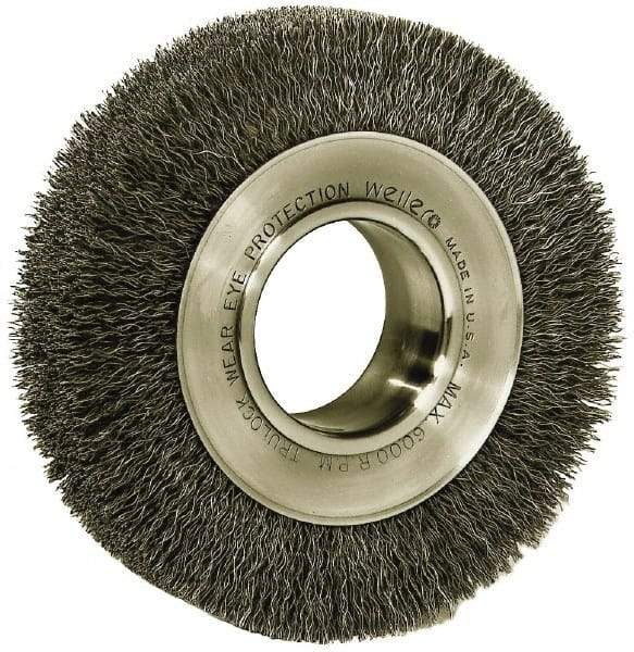 Weiler - 6" OD, 2" Arbor Hole, Crimped Steel Wheel Brush - 1-1/4" Face Width, 1-1/8" Trim Length, 0.006" Filament Diam, 6,000 RPM - Exact Tool & Supply